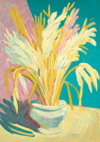 Painting of yellow and pale pink leaves in a vase on a table, featured on Forever by David Wolf product page.