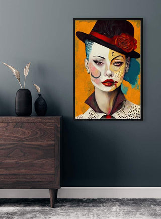 Framed "Story For Love - Tara Green" artwork featuring a stylized woman’s portrait hangs on a dark wall above a dresser.