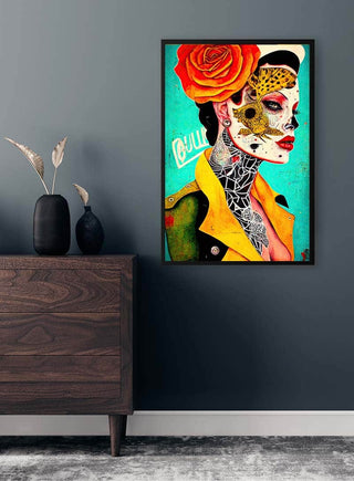 Framed "Honey, Let's Go Wild" by Tara Green on a dark wall above a wooden dresser with modern decor.