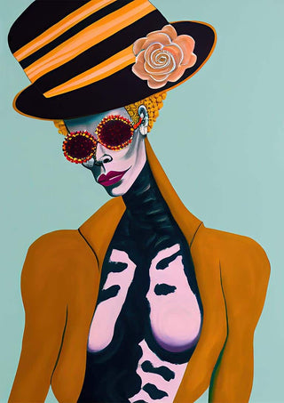 Stylish figure in bold orange coat, striped hat, and sunglasses from Nightlife And Beauty - Tara Green.