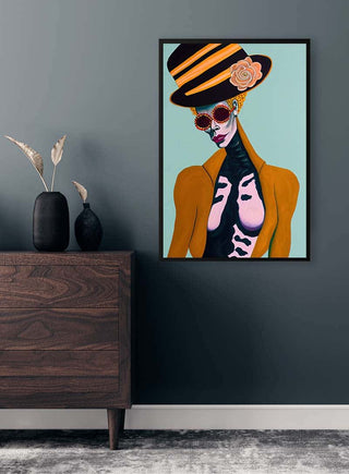 Framed "Nightlife And Beauty - Tara Green" artwork displayed on a dark wall above a wooden dresser.