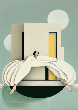 Abstract art of a woman in white dress stretching before modern geometric building, cover of Don't Need Her World.