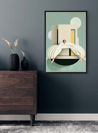 Framed Don't Need Her World by David Wolf hanging on a dark wall above a wooden dresser with decor.