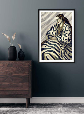 Framed "Way Of Life" by David Wolf artwork hangs on a dark wall above a wooden dresser with decorative vases.