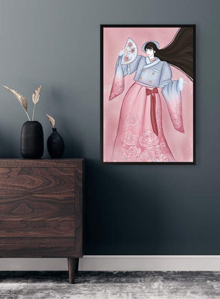 Framed "Be Yours - Kate Aitana" artwork featuring a woman in traditional attire, displayed above a wooden dresser.
