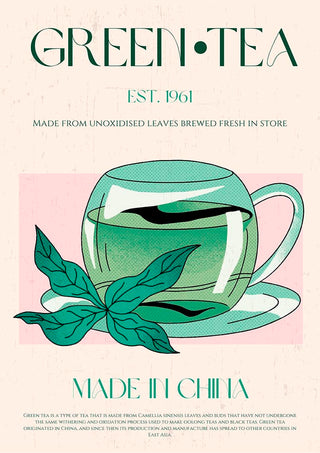 A cup of brewed green tea with tea leaves beside it, promoting Green Tea No1 made in China.