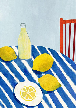 Illustration of lemons, a bottle of lemonade, and a plate on a blue-striped table with an orange chair.