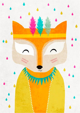 Smiling fox in a yellow outfit with colorful feathers and raindrops, featured on The Rainmaker product page.