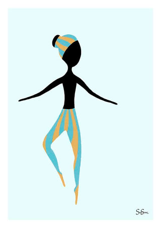 Minimalist illustration of a dancer in blue and yellow attire from Sara Sonne's "Just Dance" collection.