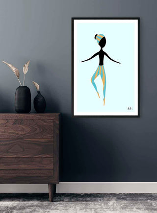 Minimalist dancer artwork "Just Dance" by Sara Sonne in a modern living room setting.