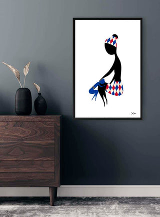 Minimalist artwork "Breathe" by Sara Sonne in a modern room, showing a stylized figure with colorful patterns.