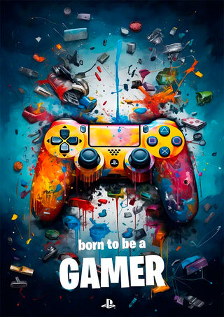 Colorful PlayStation controller with vibrant paint splashes and "born to be a GAMER" text, promoting Born to Game.