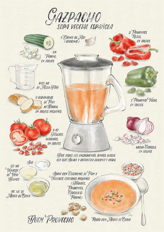 Illustrated Spanish gazpacho recipe showing ingredients and blender, with soup served in a bowl.