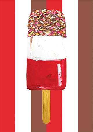 Colorful ice cream popsicle with sprinkles on a red, white, and brown striped Fab Stripes product background.