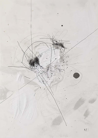 Abstract black and white artwork for Harmony of Chaos, featuring dynamic lines, smudges, and ink splatters.