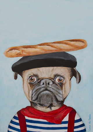 Illustration of a French pug wearing a beret and striped shirt with a baguette balanced on its head.