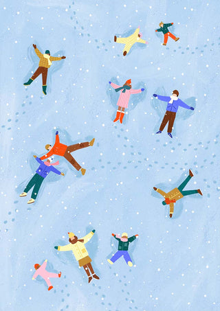 Illustration of people making snow angels on a snowy field, as featured on the Snow Angels - Bea Muller product page.