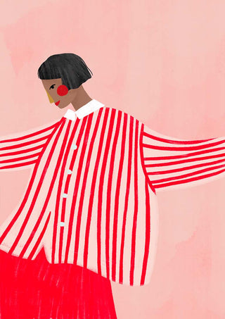 Illustration of a woman in a red and white striped shirt with short black hair, from The Woman With the Red Stripes.