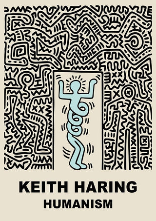 Poster for "Humanism" by Keith Haring featuring abstract human figures and bold black lines on a beige background.