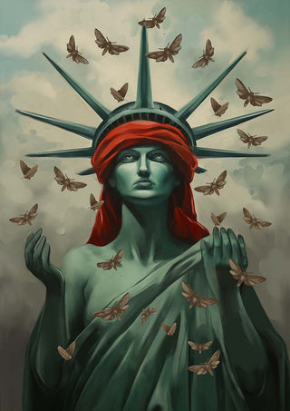 Statue of Liberty with a red blindfold, surrounded by moths against a cloudy sky; Repeat After Me - Tara Green.