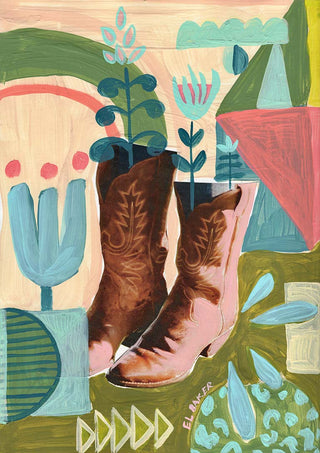 Abstract illustration of two cowboy boots surrounded by colorful plants and geometric shapes from The Boots Are - Eleanor Baker.