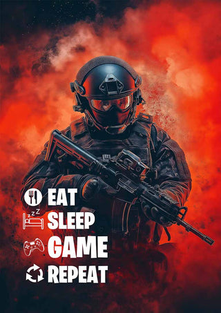 Poster showing a gamer in tactical gear with the text: Eat Sleep Game Repeat, for Game Repeat Plakat product page.