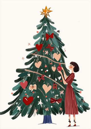 Woman decorating Christmas tree with ornaments and bows for a festive Holiday Magic celebration.