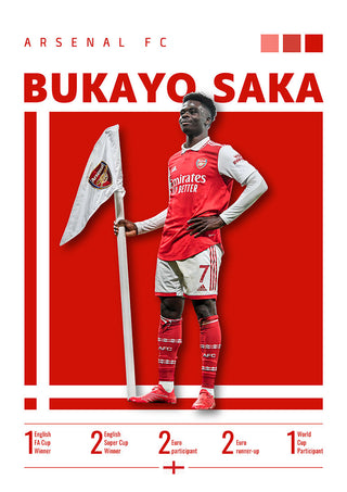 Poster of Bukayo Saka in Arsenal kit holding a corner flag, with his name and career achievements listed.