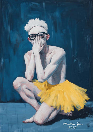 A person in a yellow tutu and glasses crouches on a blue floor, covering their mouth. Art by Martin Zen.