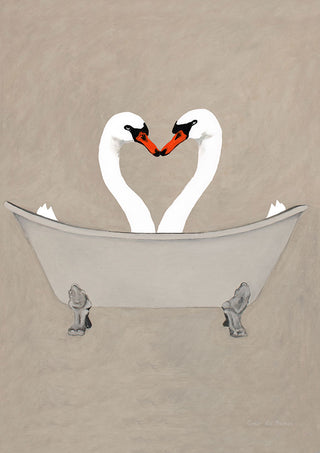 Two swans forming a heart shape with their necks while sitting together in a vintage-style bathtub.