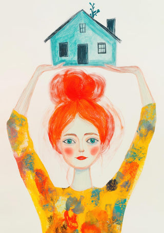 Illustration of a red-haired girl holding a blue house above her head, from Strong as Pippi by David Wolf.
