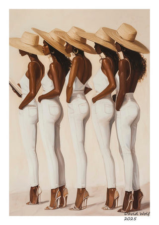Five women in white outfits and wide hats stand in line, facing sideways. Artwork by David Wolf.