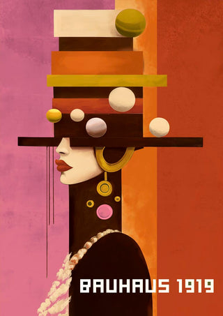 Abstract portrait of a woman in geometric hat with bold colors, text "Bauhaus 1919" on product page for Bauhaus Woman 04.