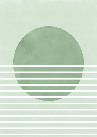 Minimalist art of a green circle with white horizontal lines, representing Green Horizon Lines wall decor.