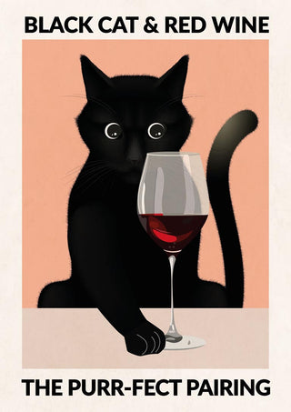Illustration of a black cat with a glass of red wine, captioned "Black Cat & Red Wine: The Purr-fect Pairing."