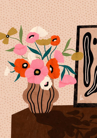 Illustration of colorful flowers in a vase on a sideboard next to modern art, by Bea Muller.