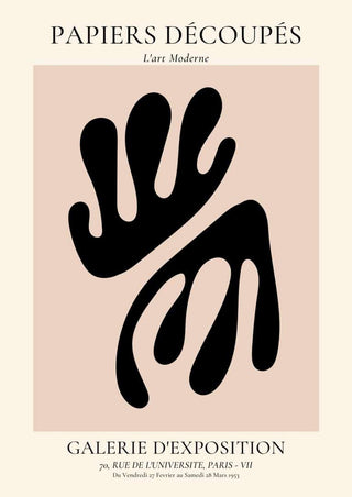 Abstract black coral on pink French art poster with bold shapes, vintage gallery text, modern minimalist design.