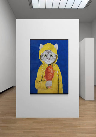 Art print of a cat in a yellow raincoat holding a fish, displayed against a blue background.