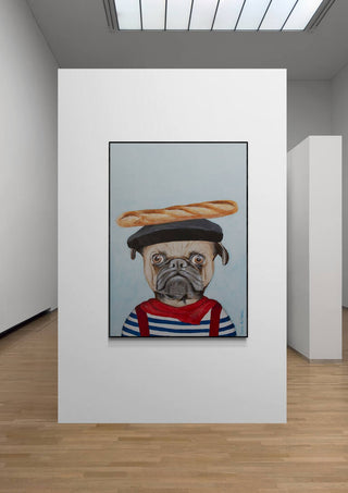 Art print of a French pug in beret and striped shirt with baguette on head, displayed in modern gallery.