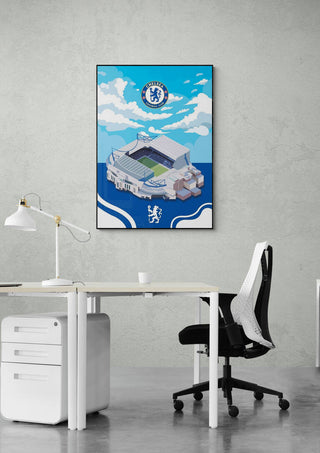 Stamford Bridge Chelsea Football Poster hanging on an office wall above a white desk and chair.
