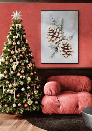 Christmas tree with gold and pink ornaments beside a plush chair in a festive Frosty Fun living room setup.