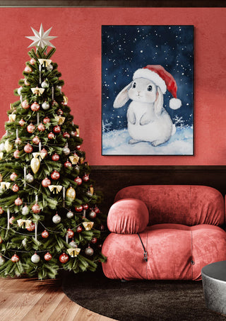 Festively decorated living room with a Christmas tree and a bunny in a Santa hat art on the wall.