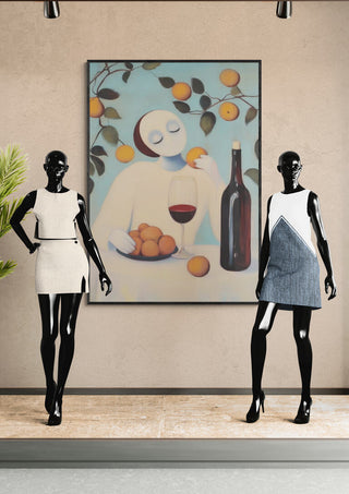 Two mannequins in dresses stand by a painting of a figure with wine, fruit, and oranges on Wine is made of Fruit - Martin Zen page.