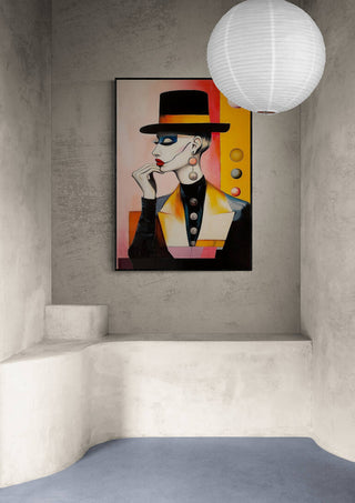 Art print of a stylish androgynous figure in a hat by Martin Zen, displayed on a modern concrete wall.