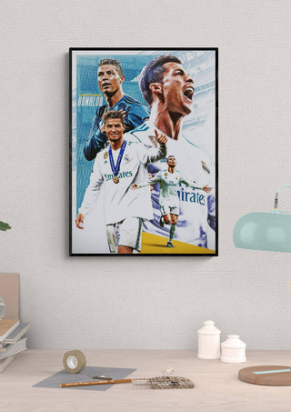 Framed poster featuring Cristiano Ronaldo in Real Madrid jersey, celebrating and in action poses.