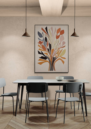 Modern dining room with abstract tree artwork from Inner Paths of Light displayed above a table and chairs.