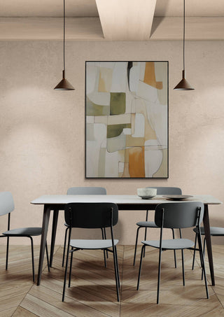 Etheric Melody abstract wall art displayed in a modern dining room with minimalist decor and muted tones.