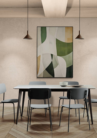 Abstract green and white "Reflections of the Soul" art above a modern dining table with four chairs.