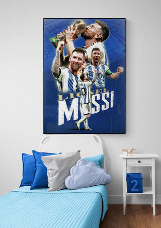 Lionel Messi football poster above a bed, featuring him celebrating and holding a trophy on a blue background.