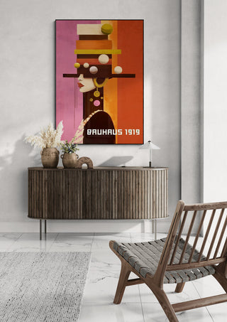Bauhaus Woman 04 by David Wolf, colorful geometric art print of a woman, displayed above a sideboard in a modern room.